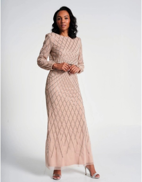 Vestido de fiesta largo con manga larga y lentejuelas nude 2