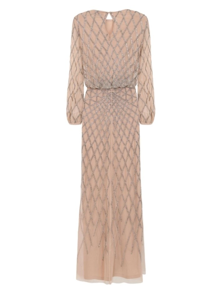 Long party dress with long sleeves and nude...