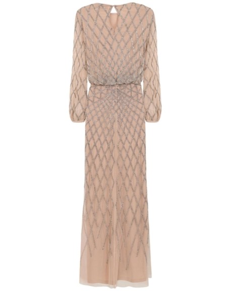 Long party dress with long sleeves and nude sequins