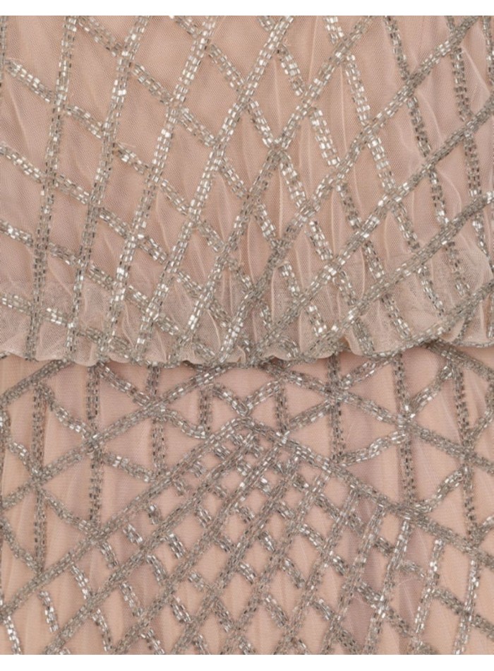 Long party dress with long sleeves and nude...