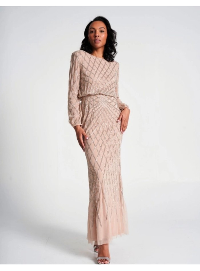 Long party dress with long sleeves and nude sequins