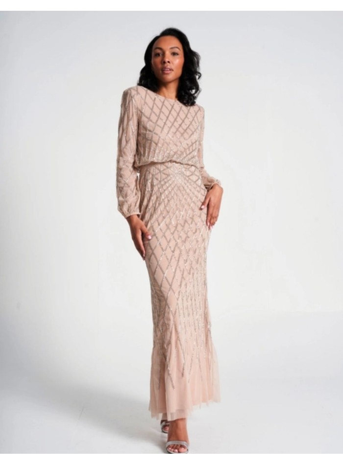 Robe longue de fête à manches longues et à sequins nude