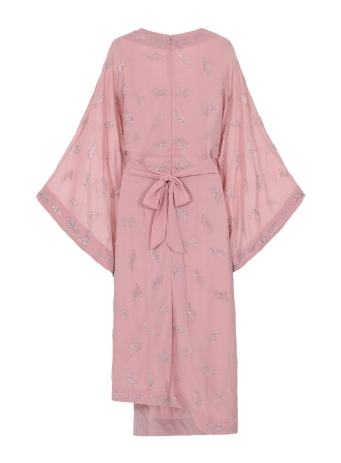 Pink embroidered rhinestone bat sleeve midi dress