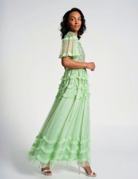 Mint green long party dress with sequins and ruffles