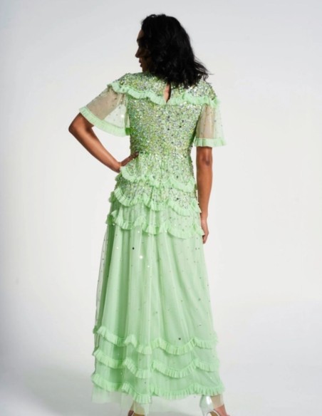 Robe longue de fête vert menthe avec sequins et volants