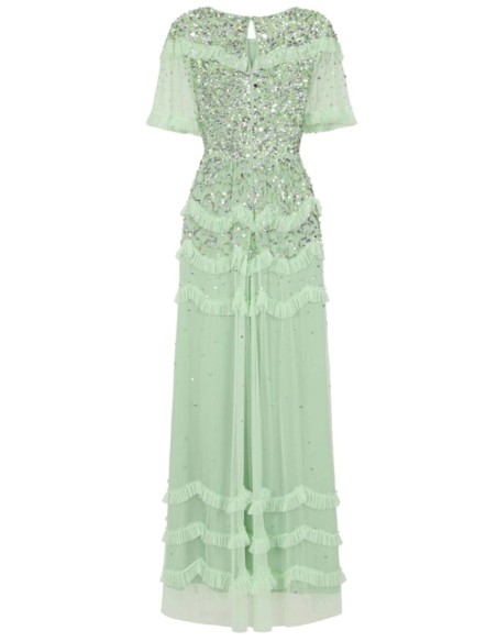 Mint green long party dress with sequins and ruffles