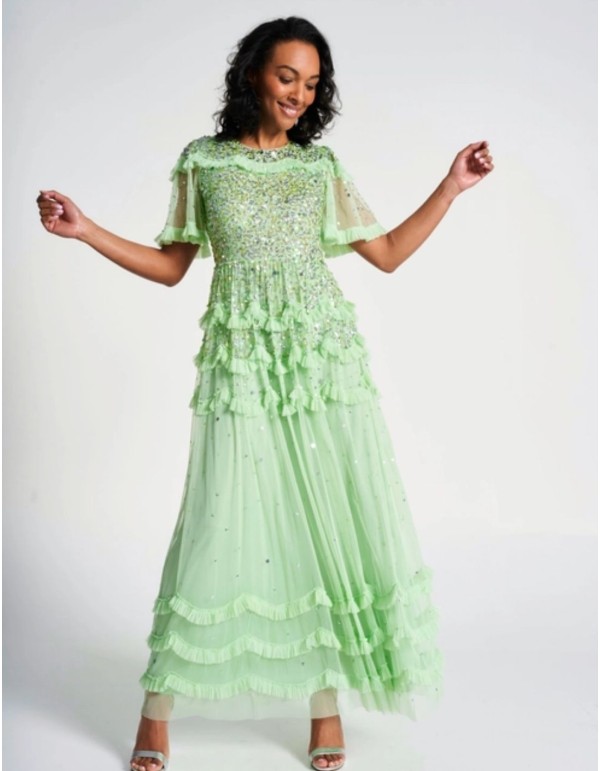 Robe longue de fête vert menthe avec sequins et volants