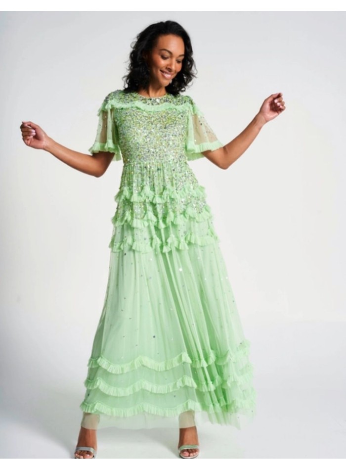 Robe longue de fête vert menthe avec sequins et volants