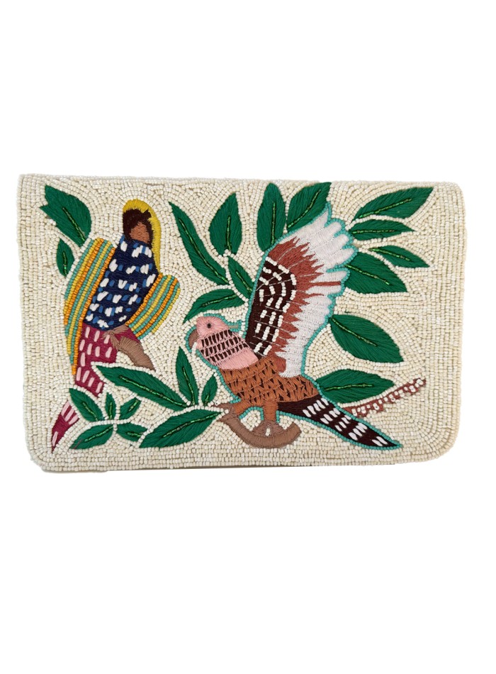 Cartera de mano con pájaros bordados