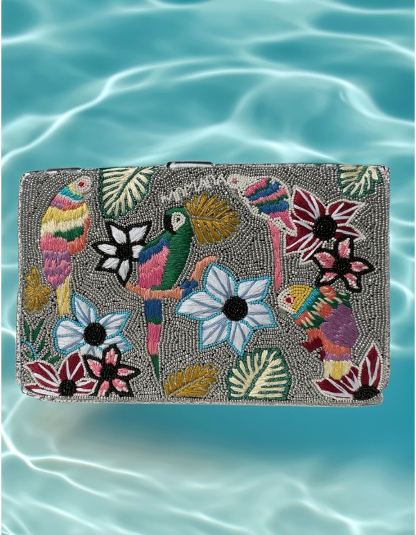 Cartera de mano flores y pájaros bordados