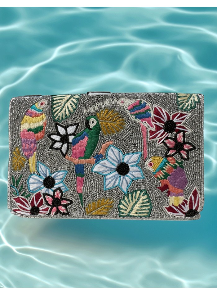 Clutch bag with flowers and embroidered birds