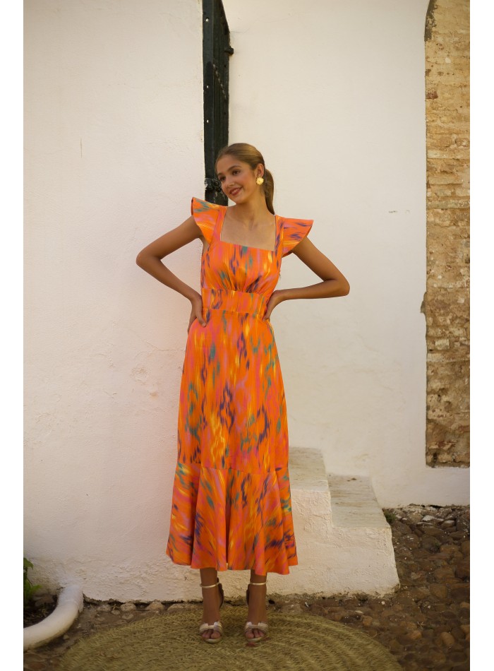 Robe d'invité midi en lin imprimé orange