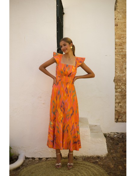 Orange printed linen midi guest dress