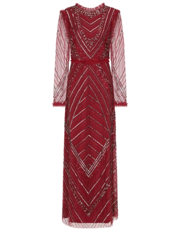 Maroon long party dress with sequins and ruffles 2