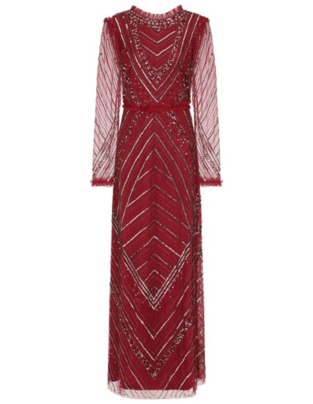 Robe longue de fête bordeaux avec sequins et volants