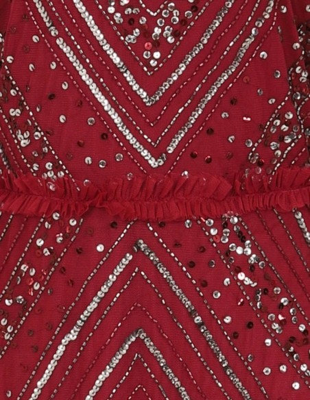 Robe longue de fête bordeaux avec sequins et volants