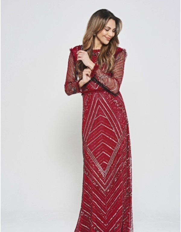 Maroon long party dress with sequins and ruffles