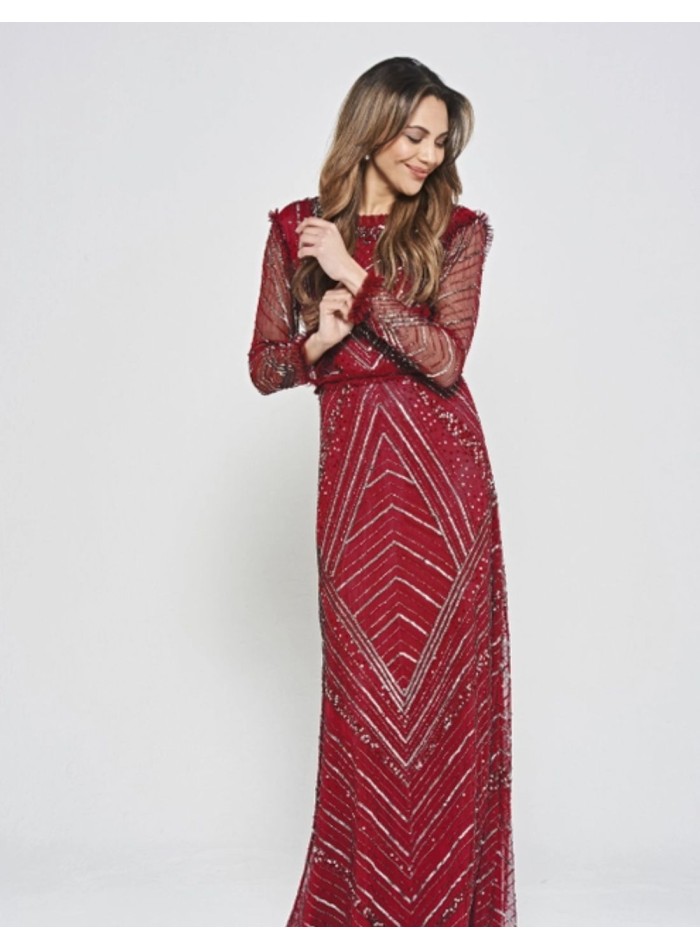 Maroon long party dress with sequins and ruffles