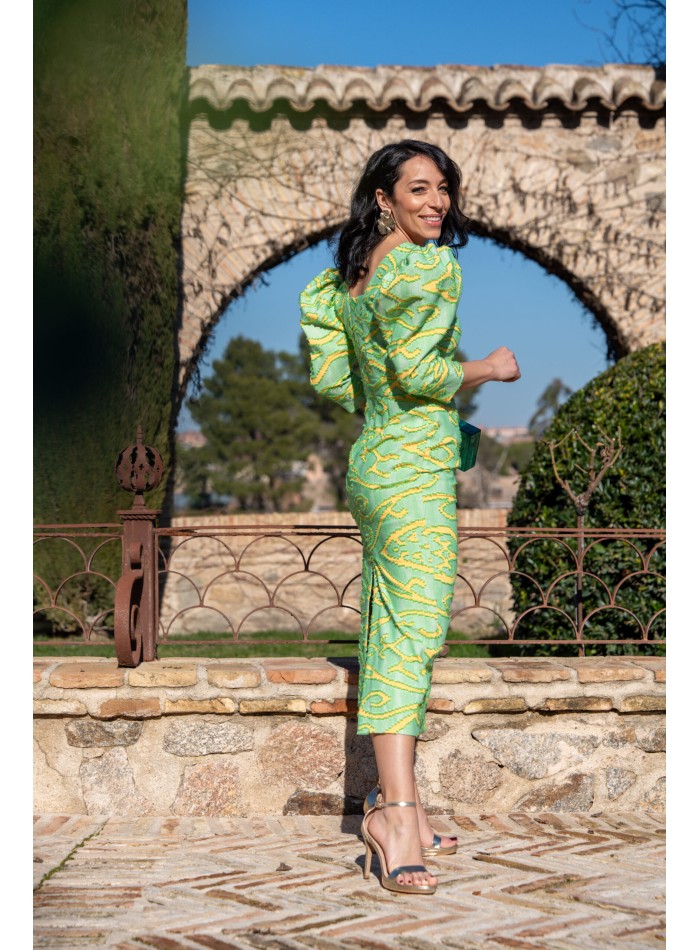 Printed Puff Sleeve Midi Patterned Guest Gown in Shades of Green and Yellow