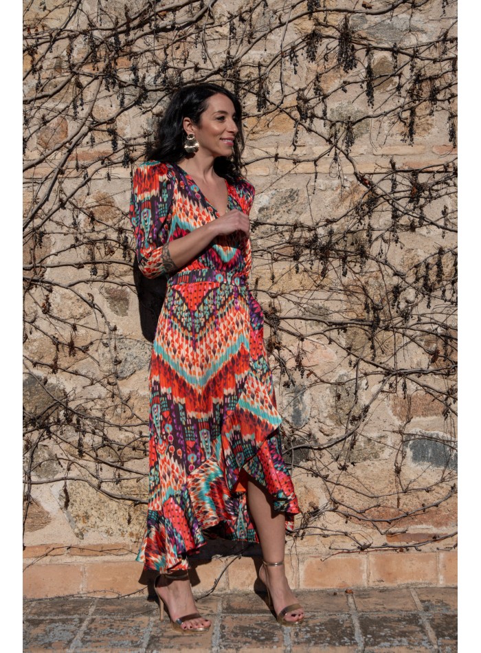 Ethnic print midi party dress with french sleeves