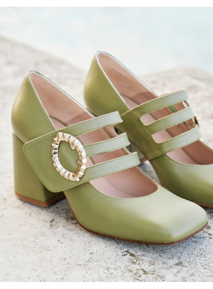 Olive green pumps with gold buckle fastening