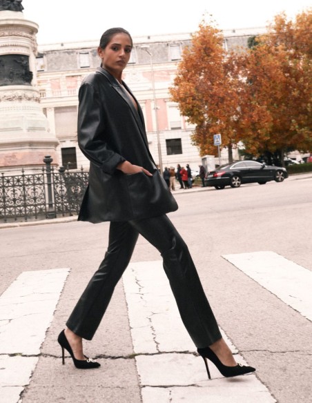 Black suede party shoe with decorative buckle