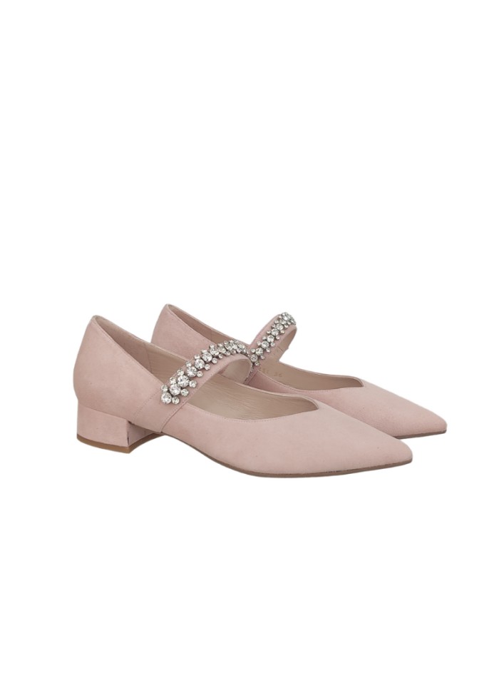 Pale pink suede party shoes with crystals strap