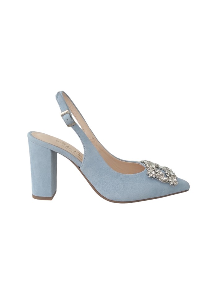 Sky blue suede party shoe with jewel embellishment