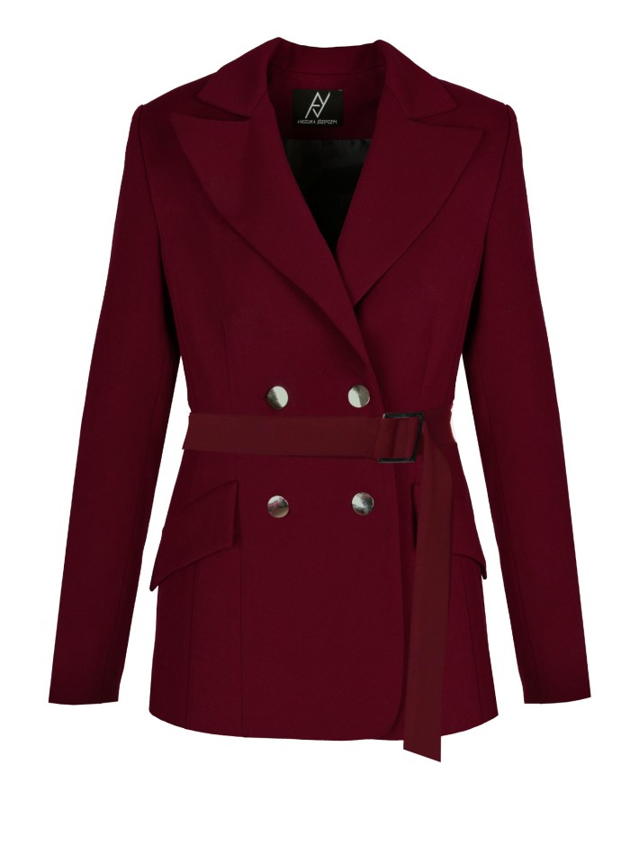 Burgundy double breasted blazer with adjustable belt