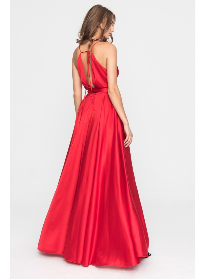 Long red party dress with spaghetti straps and...