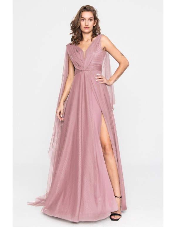 Vestido largo de tul rosa con escote en V y abertura lateral