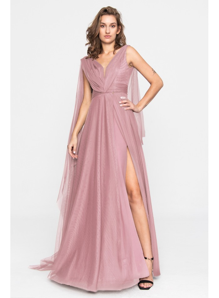 Long pink tulle dress with V-neckline and side slit