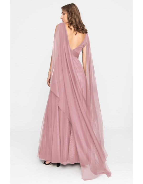 Vestido largo de tul rosa con escote en V y abertura lateral 2