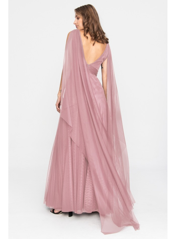 Vestido largo de tul rosa con escote en V y...