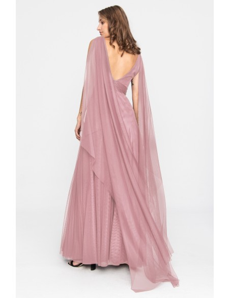 Vestido largo de tul rosa con escote en V y abertura lateral