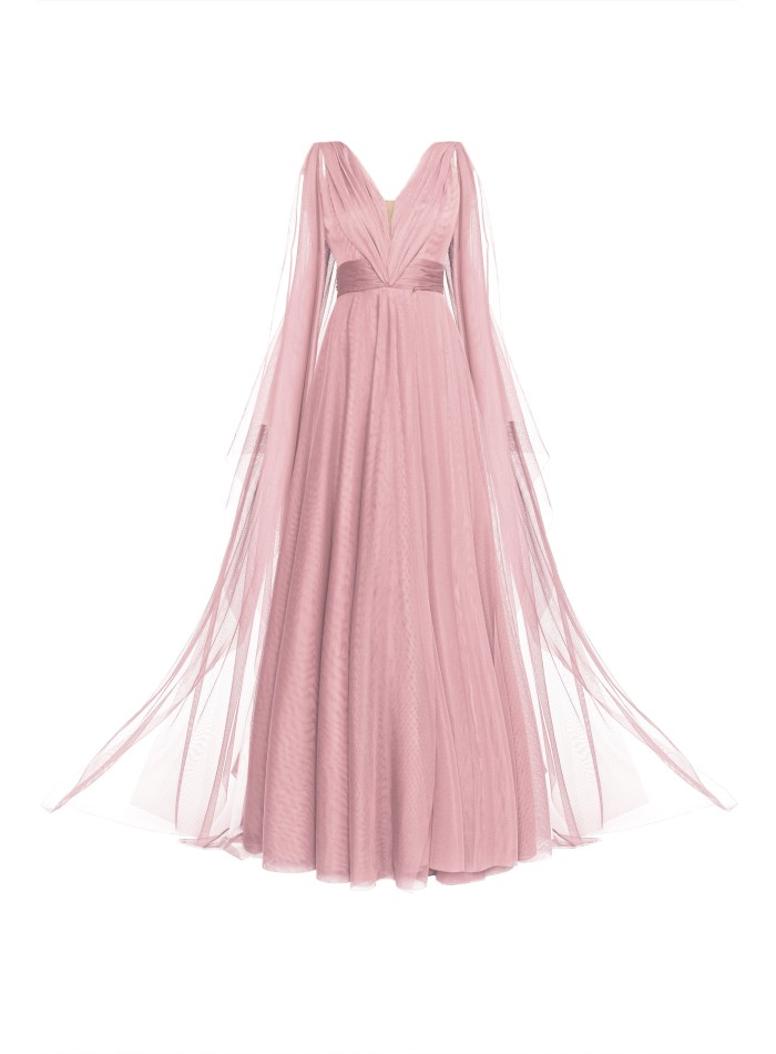 Vestido largo de tul rosa con escote en V y...