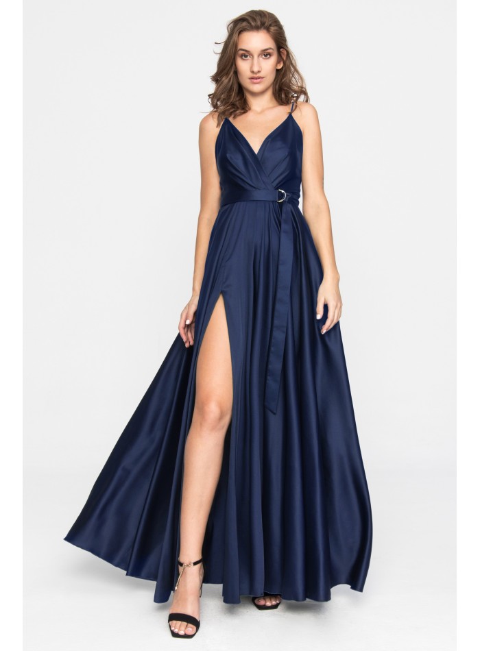 Long blue satin party dress with crossover neckline