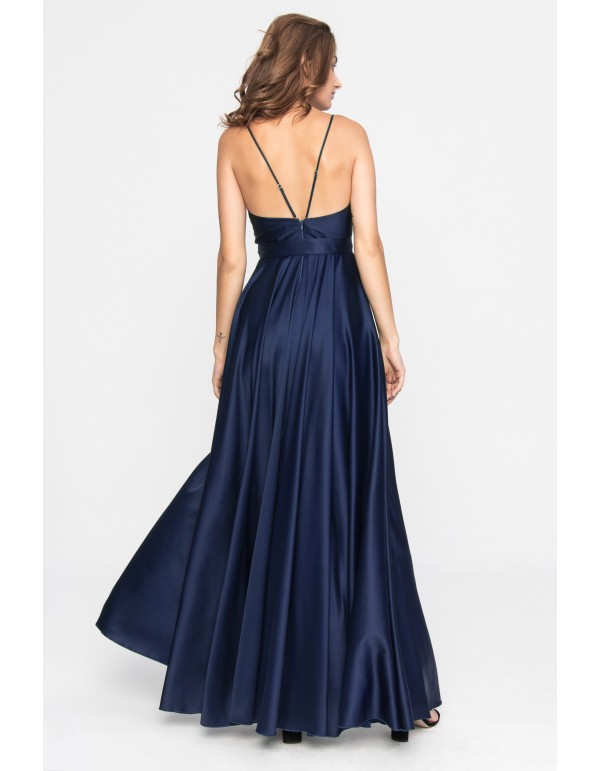Vestido de fiesta azul satinado largo con escote cruzado 2