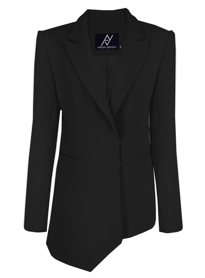 Blazer de diseño asimétrico en color negro con hombreras