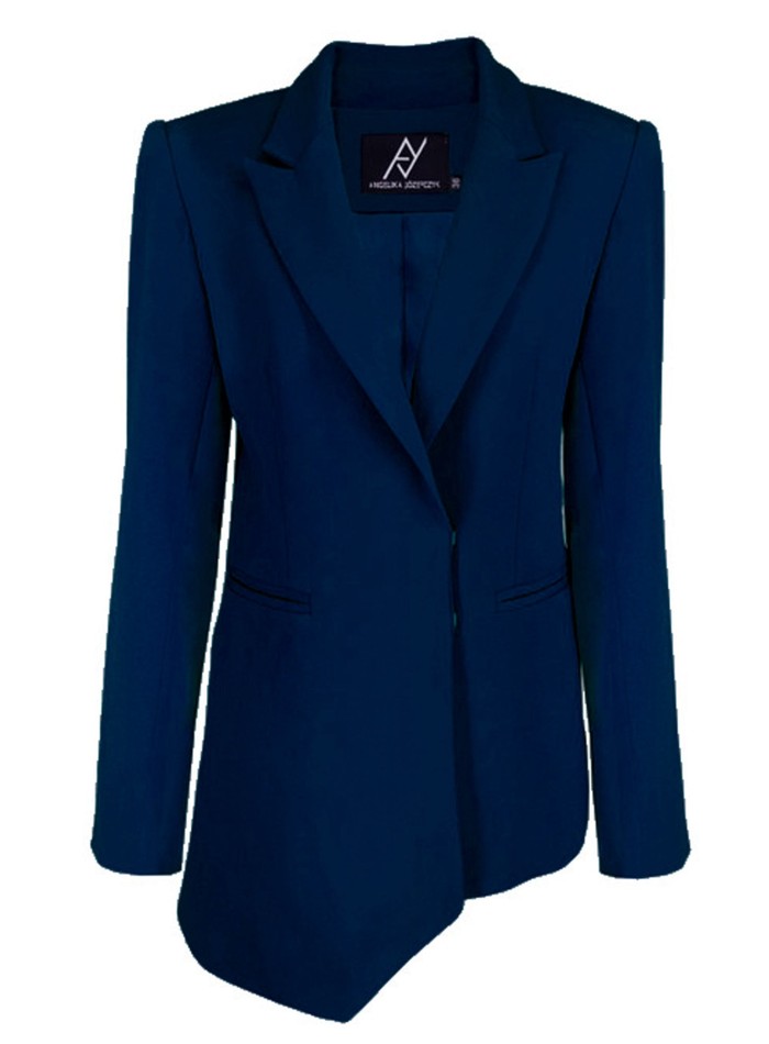 Navy blue blazer with asymmetrical design and shoulder pads