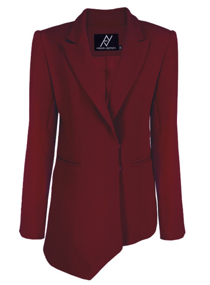 Women's burgundy blazer with asymmetrical design and shoulder padding