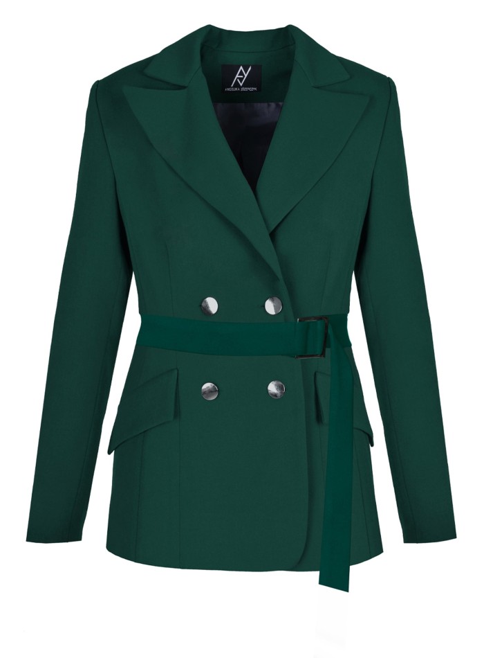 Bottle green double breasted blazer with adjustable belt