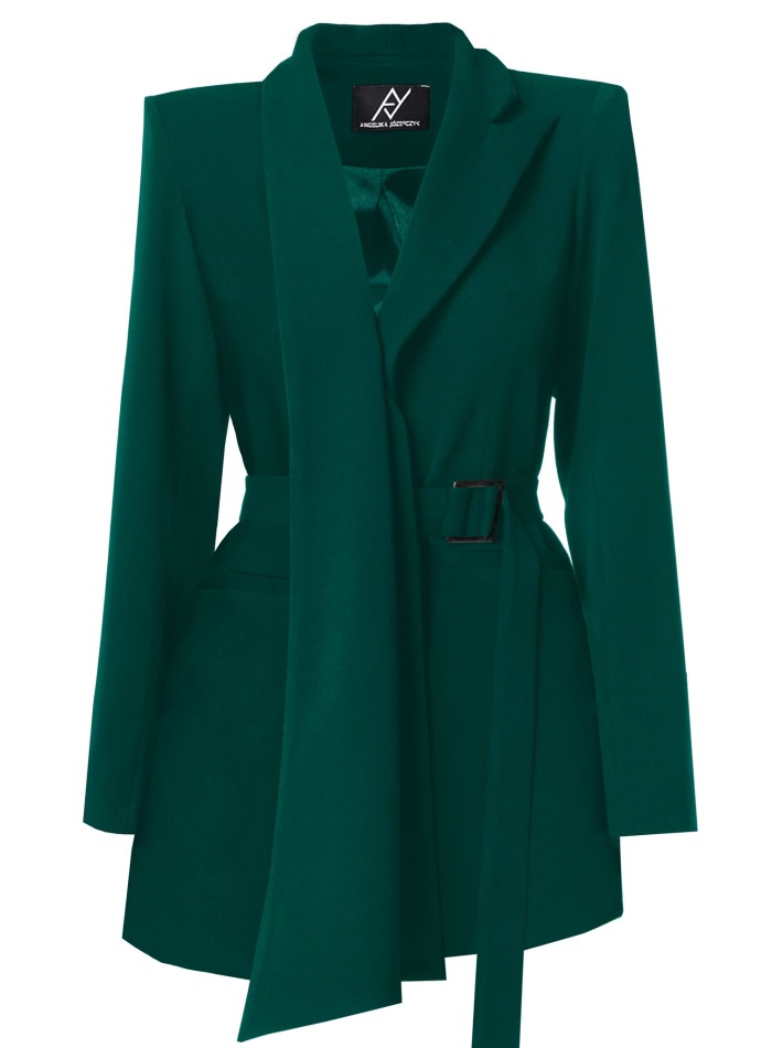 Bottle green blazer with asymmetric design and adjustable belt