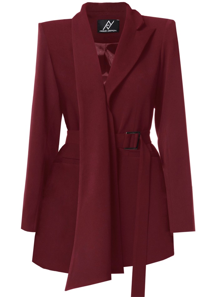 Asymmetrical burgundy blazer with adjustable belt