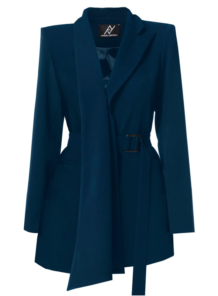 Navy blue blazer with asymmetrical design and adjustable belt