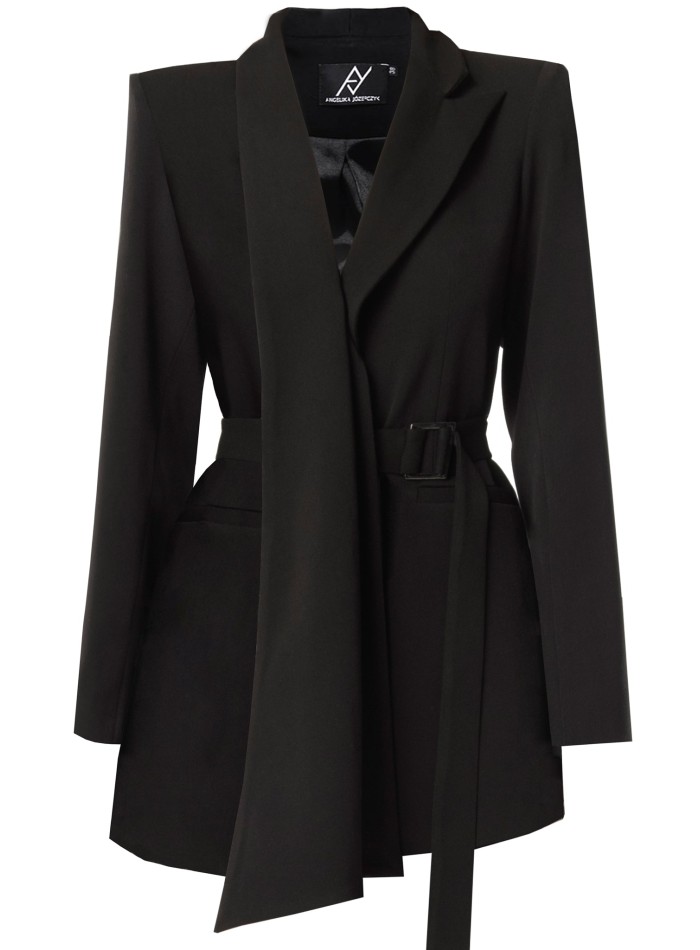 Asymmetrical black blazer with adjustable waist belt