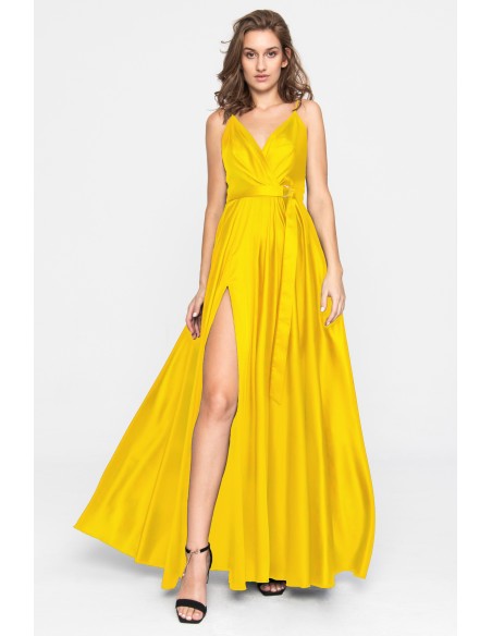 Long yellow satin dress with V-neckline and side slit