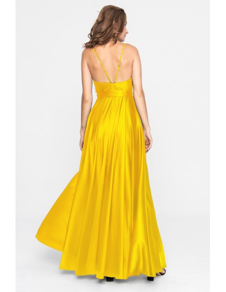 Long yellow satin dress with V-neckline and side slit