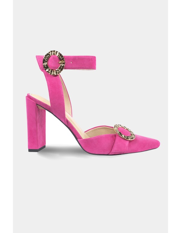 Sandale à talon carré fuchsia avec détails dorés 2