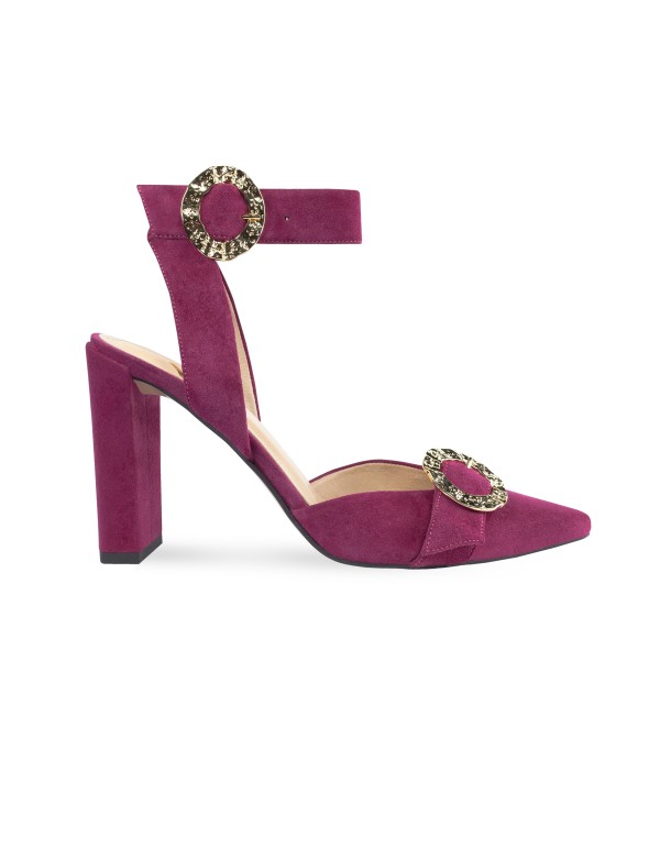 Heeled sandal in dark bougainvillea color with textured...